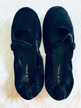 Penny Loves Kenny Black Velvet Mary Jane Flats with Button Strap